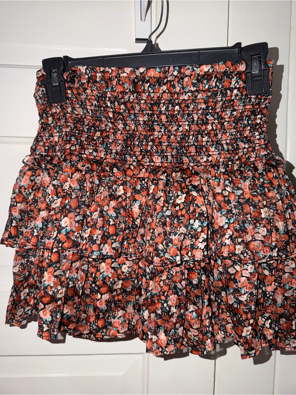 The Reset Floral Smocked Tiered Mini Skirt - Black, Orange & Cream